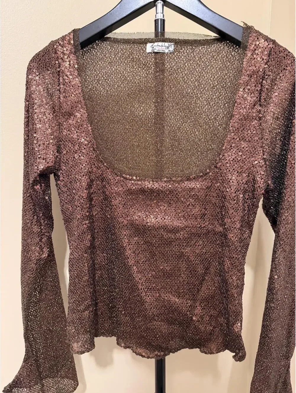 Free People Intimately Brown Metallic Sheer Knit Top Bell Sleeve Y2K Boho